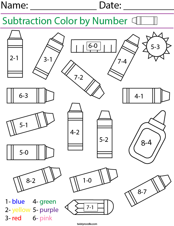 Subtraction- Color by Number Crayons Math Worksheet - Twisty Noodle